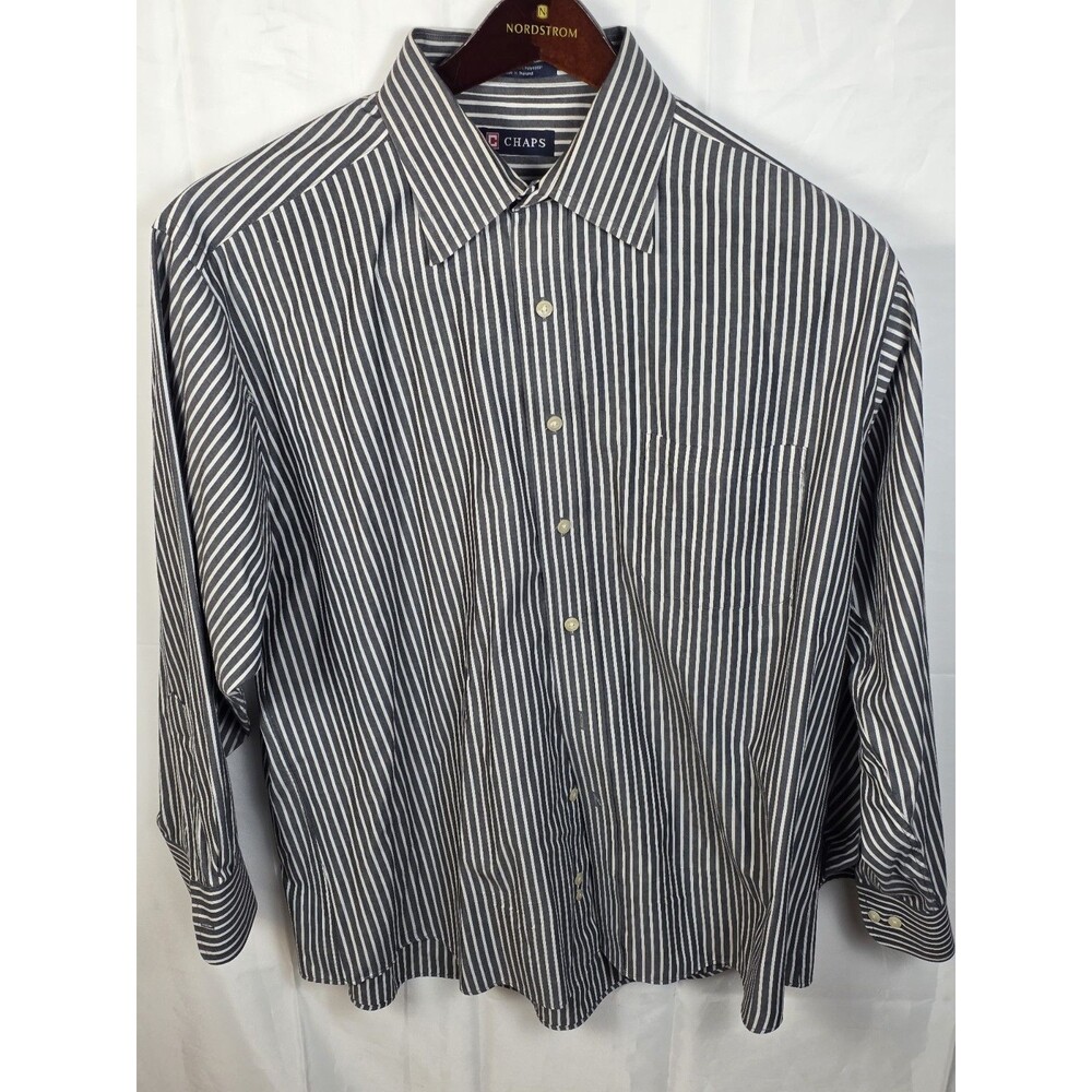Chaps Men's L 16-16.5 / 32-33 Dark Grey And White Stripe Long Sleeve Shirt